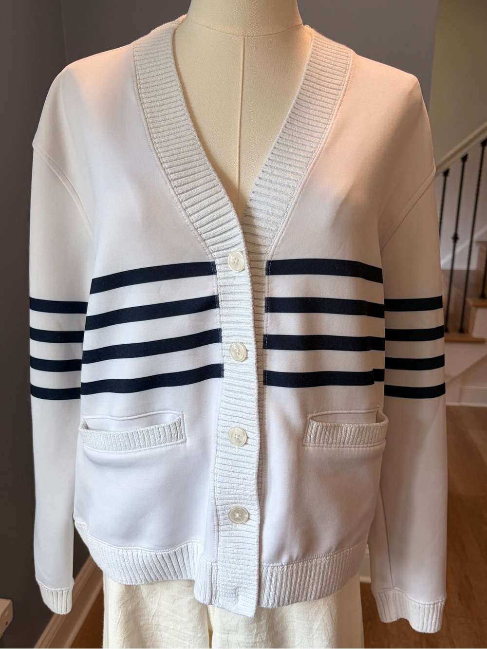 Tuckernuck Sport Striped Cardigan White Navy Coastal Preppy Large
